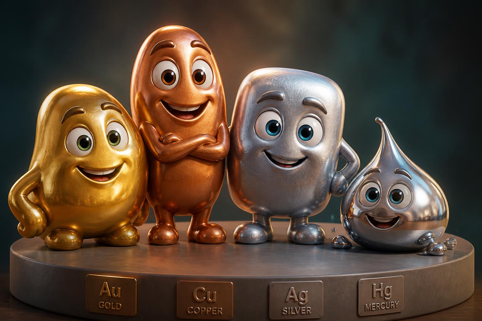 3D animated gold, copper, silver and mercury element characters on a pedestal